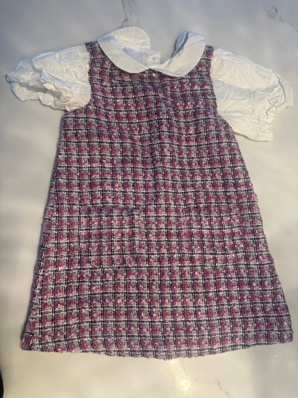 Janie and Jack Pink Purple Plaid Tweed Dress with White Peter Pan Collar